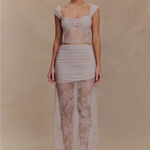 Meshki Guinevere
Lace And Mesh Top and Maxi Skirt in Lilac